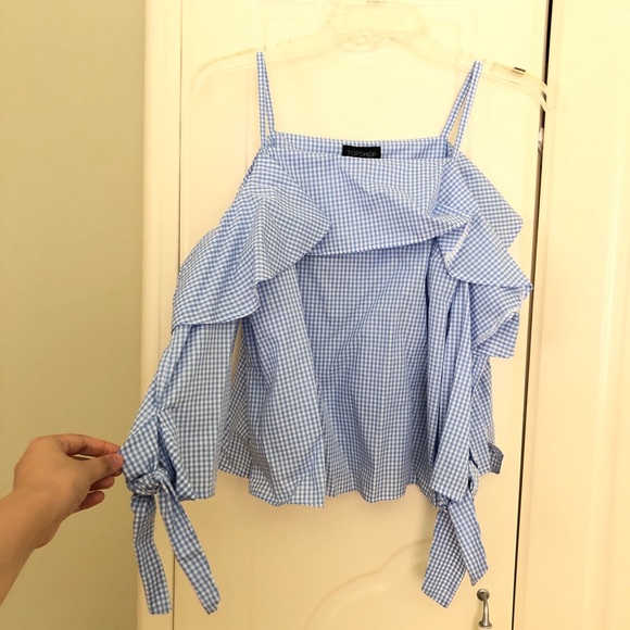 Topshop Gingham Off-the-shoulder Top - Picture 2 of 5
